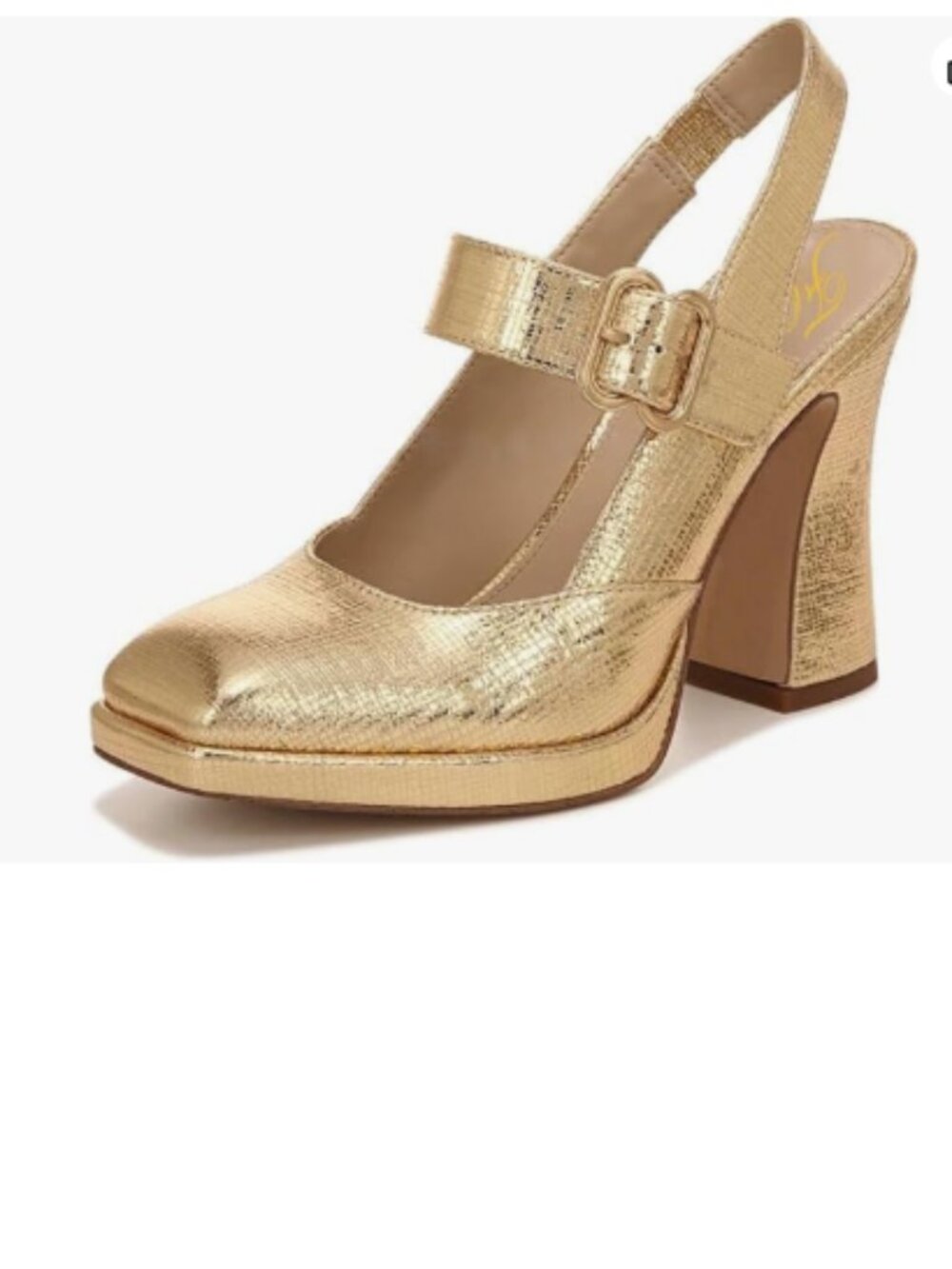 FYS Gold Platform Square Toe Pumps Chunky High Heel Mary Janes Slingback Shoes